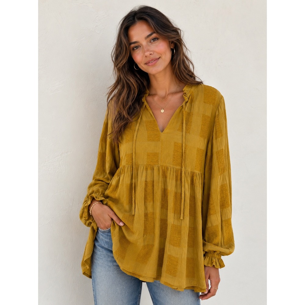 Umgee Chenille Checkered Tunic Cottagecore Western Festival Boho Indie Peasant
